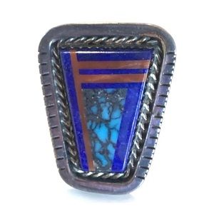 Vtg Yellowhorse Turquoise Lapis Inlaid Stone Sterling Silver NA Ring 6 unisex